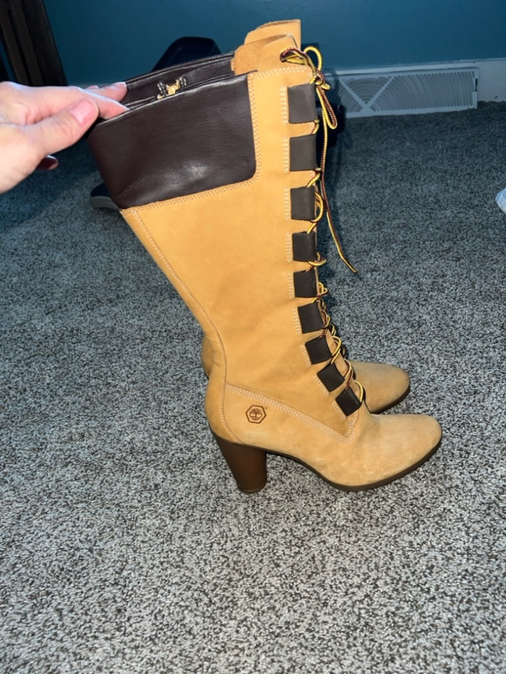 Timberland Two-Tone Tan and Dark Brown Lace-Up Knee Boots